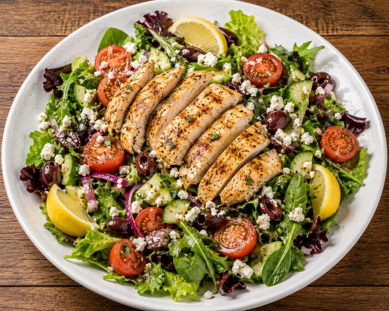 mediterranean chicken salad with feta olives and tomatoes
