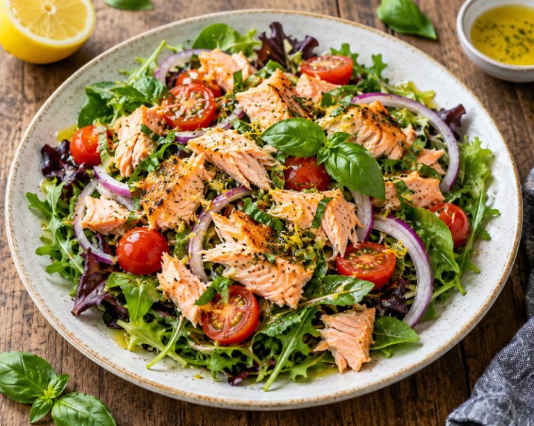 salmon salad with mixed greens cherry tomatoes and red onion