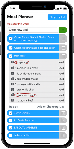 MyGroceryPlan meal planner app displayed on a smartphone showing weekly meals and ingredient list for grocery planning