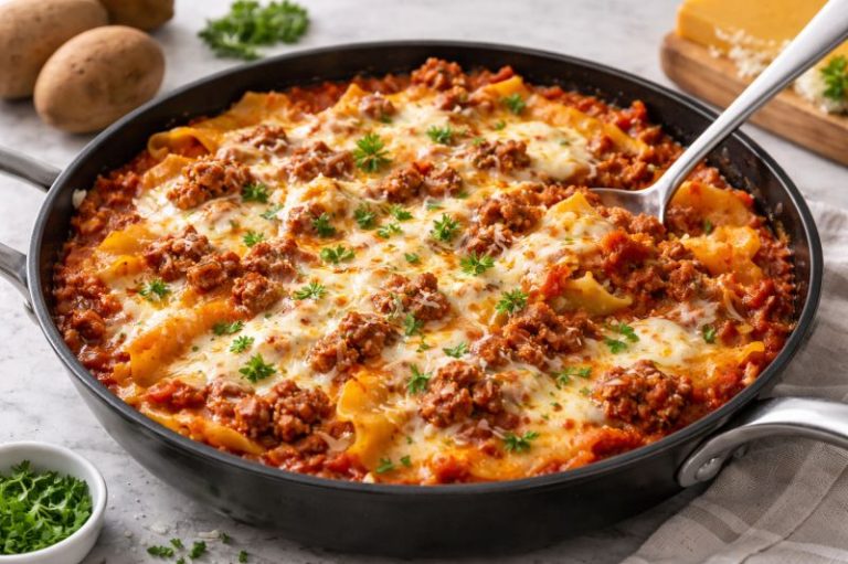 one pan lasagna with ground beef pasta and melted cheese