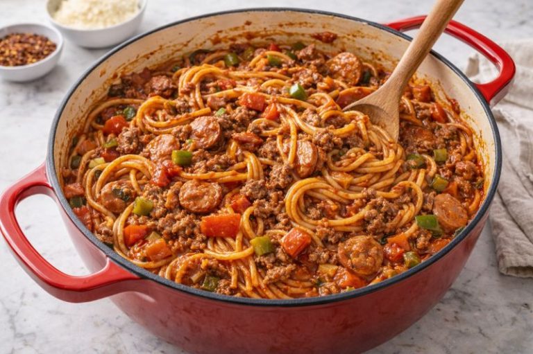 one pot spaghetti with ground beef sausage and tomato sauce