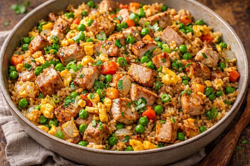 pork loin fried rice with diced pork eggs peas onion and cilantro