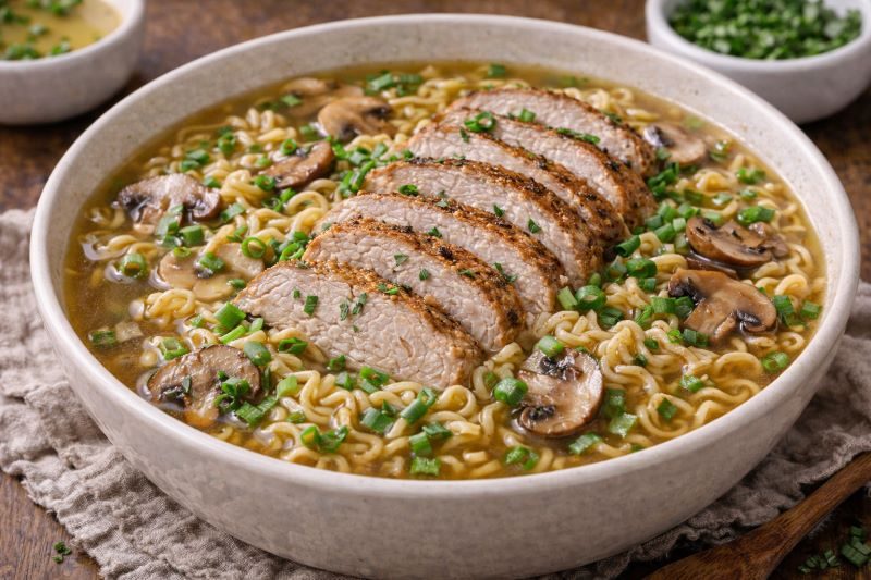 pork loin ramen soup with sliced pork noodles mushrooms and green onions