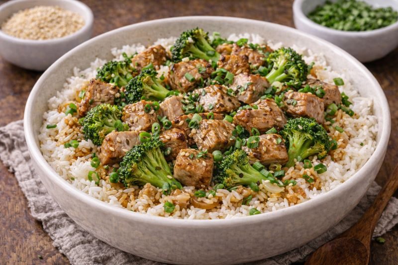 pork loin rice bowl with broccoli sesame seeds and rice