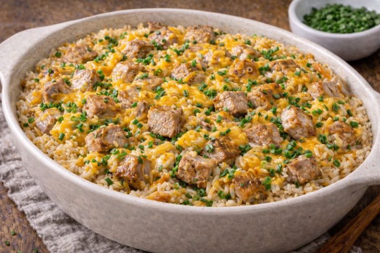 pork loin rice casserole with cheddar cheese onion and chives