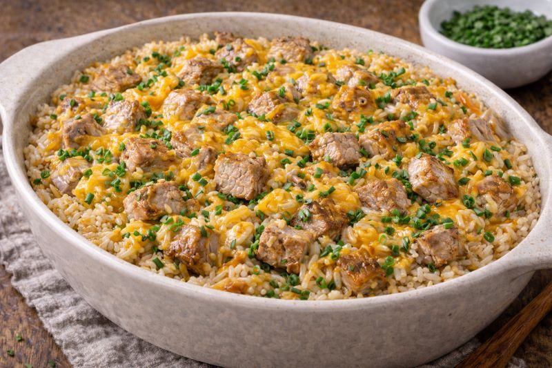 pork loin rice casserole with cheddar cheese onion and chives
