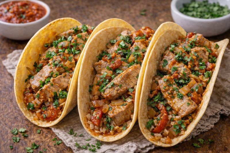 pork loin tacos with salsa onion garlic and cilantro in corn tortillas