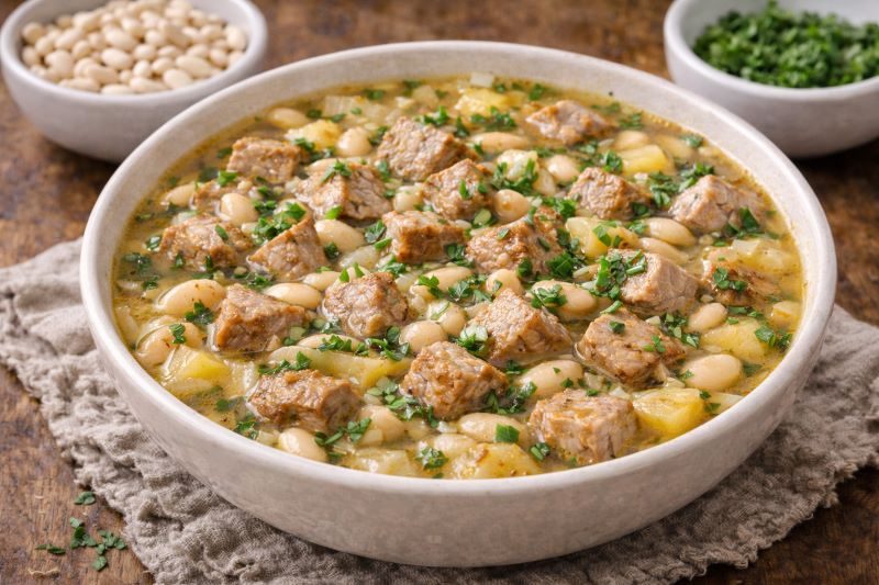 pork loin white bean soup with diced pork beans garlic onion and parsley