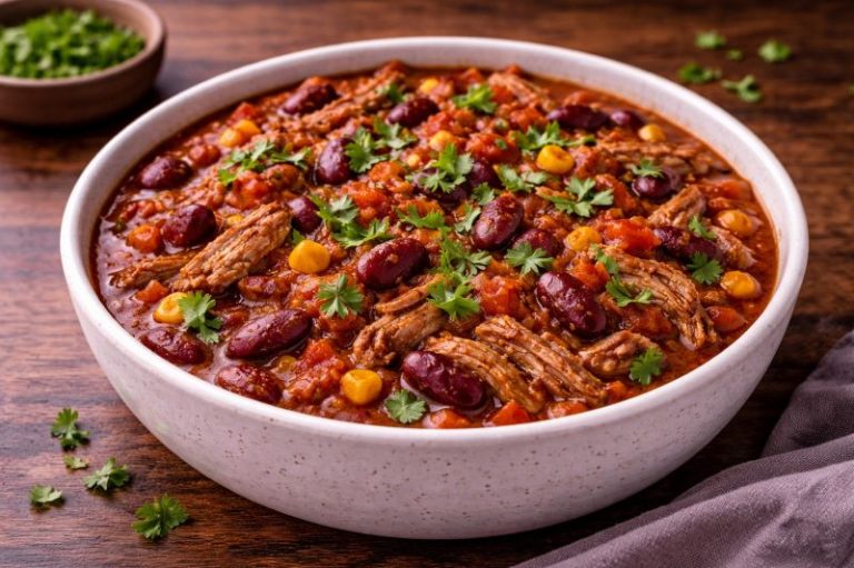 pulled pork and bean chili in a bowl with cilantro on top