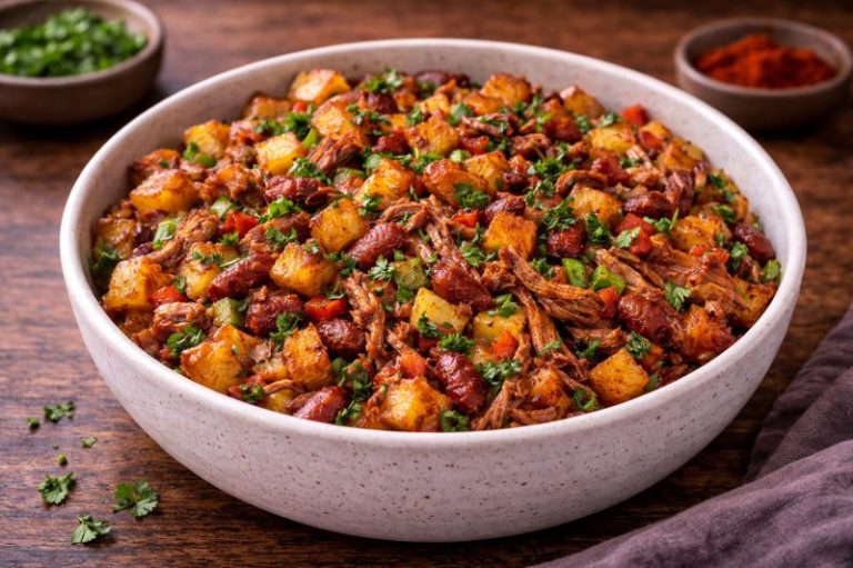 pulled pork breakfast hash with potatoes peppers and parsley