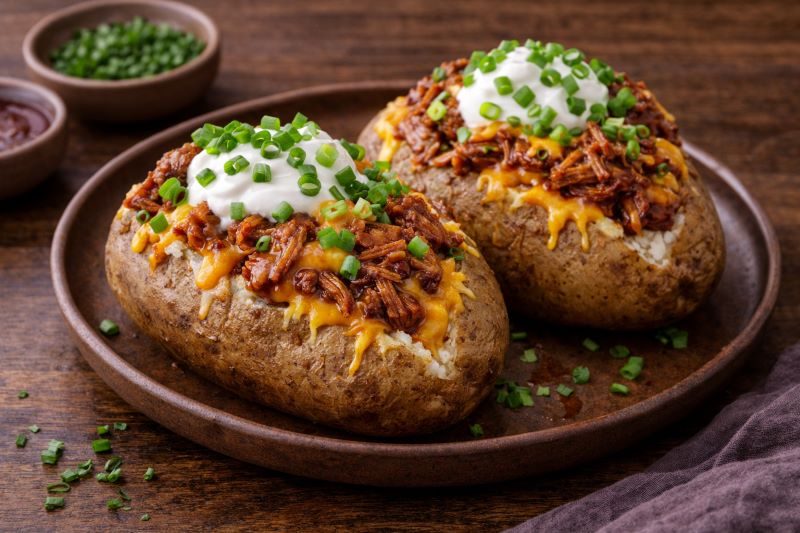 pulled pork loaded baked potatoes with cheddar sour cream and green onions