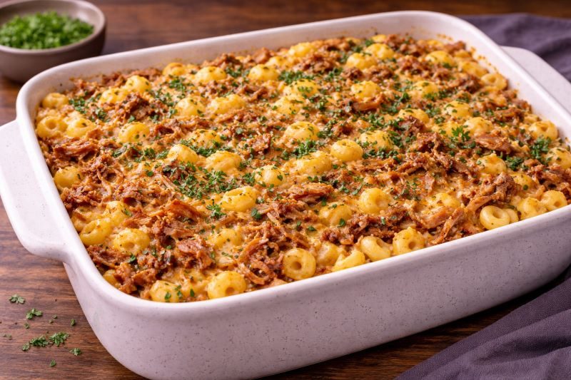 pulled pork mac and cheese baked with golden cheese on top