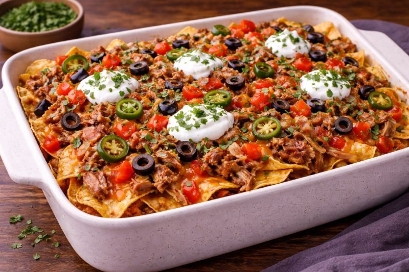 pulled pork nacho bake with melted cheese tomatoes and sour cream