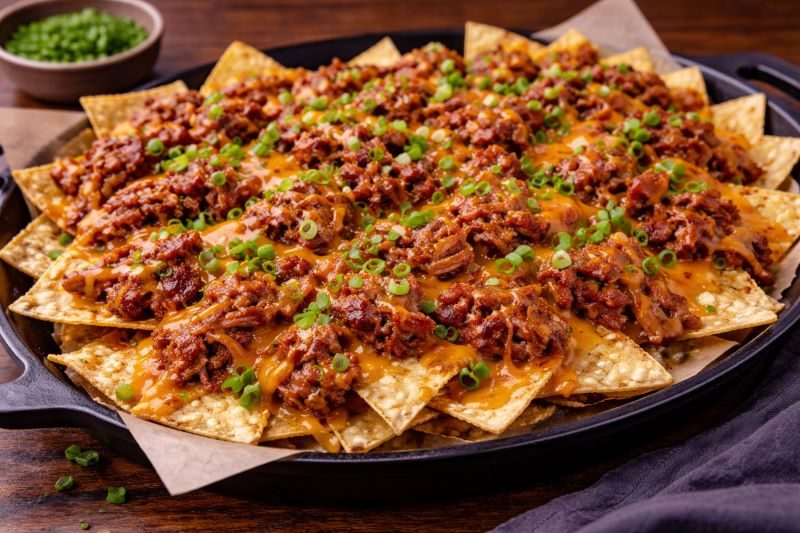 pulled pork nachos with cheddar cheese and green onions