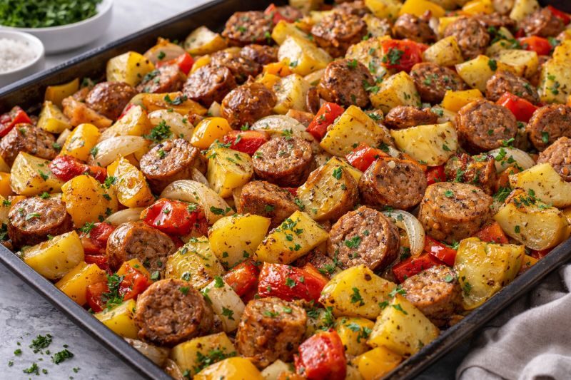 roasted sausage and potatoes with peppers and onion