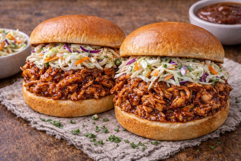 rotisserie chicken bbq sandwich with coleslaw on toasted bun