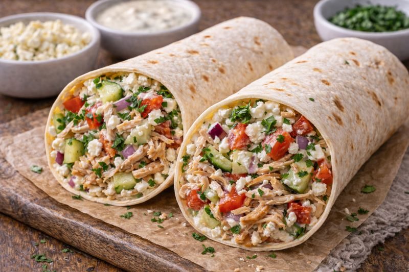 rotisserie chicken greek wrap with cucumber tomato feta and yogurt