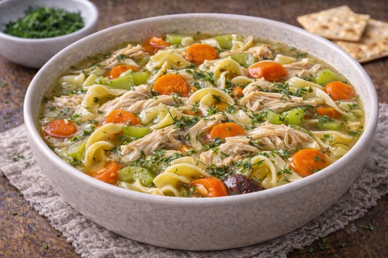 rotisserie chicken noodle soup with carrots celery egg noodles and dill
