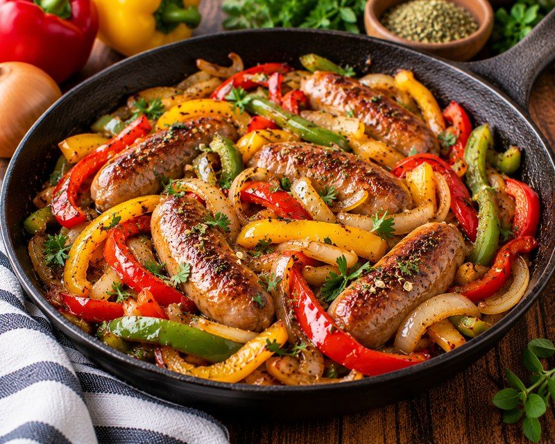 sausage peppers and onions in a cast iron skillet