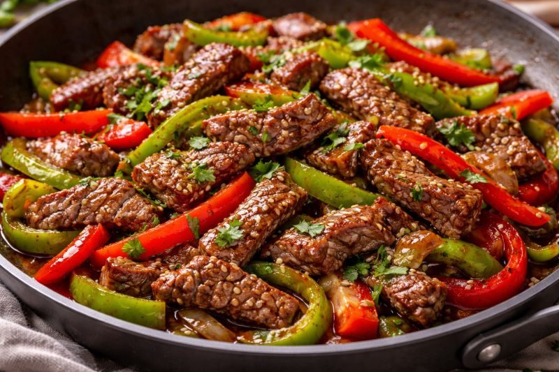 steak stir fry with bell peppers garlic ginger soy sauce and cilantro