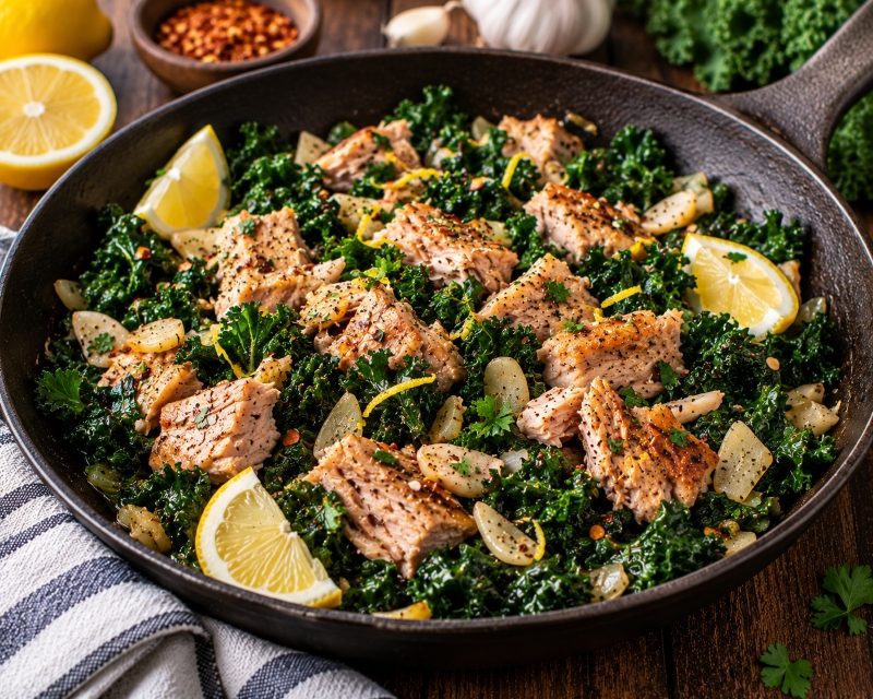 skillet tuna with sautéed kale garlic and lemon