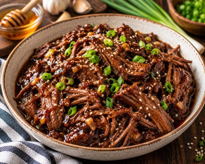 slow cooker honey garlic beef coated in a thick savoury sweet sauce