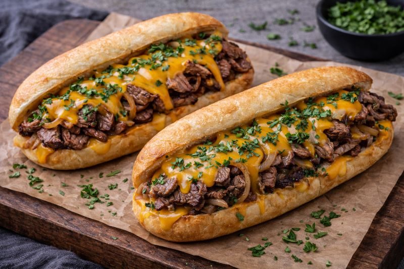 steak cheese sandwiches with sliced steak onions and melted cheddar on rolls