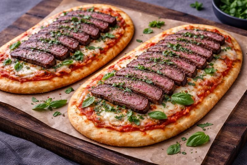 steak flatbread pizzas with sliced steak tomato sauce and melted mozzarella