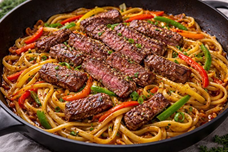 steak noodle stir fry with sliced steak noodles vegetables and soy sauce
