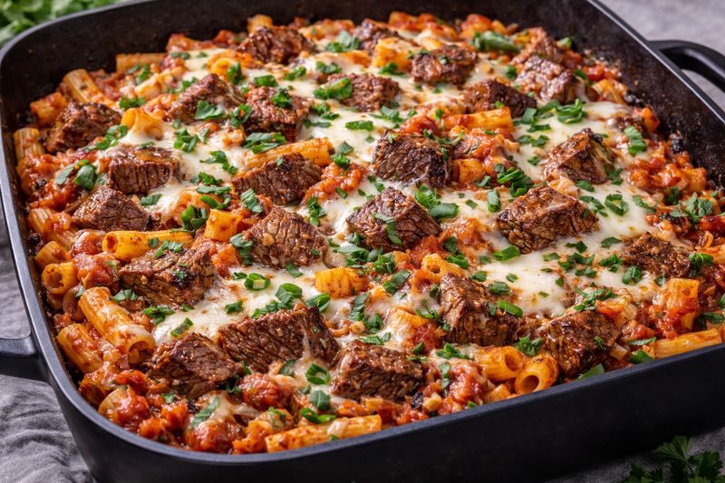 steak pasta bake with diced steak pasta tomato sauce and melted mozzarella