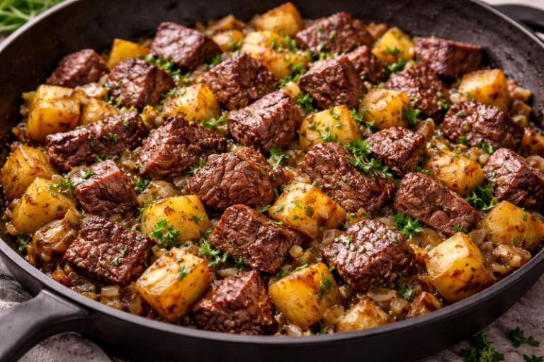 steak and potato skillet with onions garlic and parsley