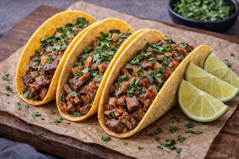steak tacos with sliced steak salsa cilantro and corn tortillas