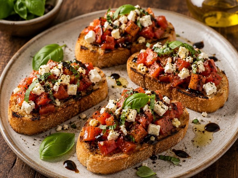 tomato feta bruschetta on toasted sourdough bread