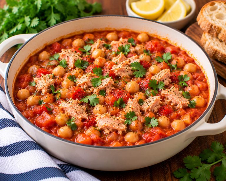 tuna and chickpea stew in a bowl with cilantro
