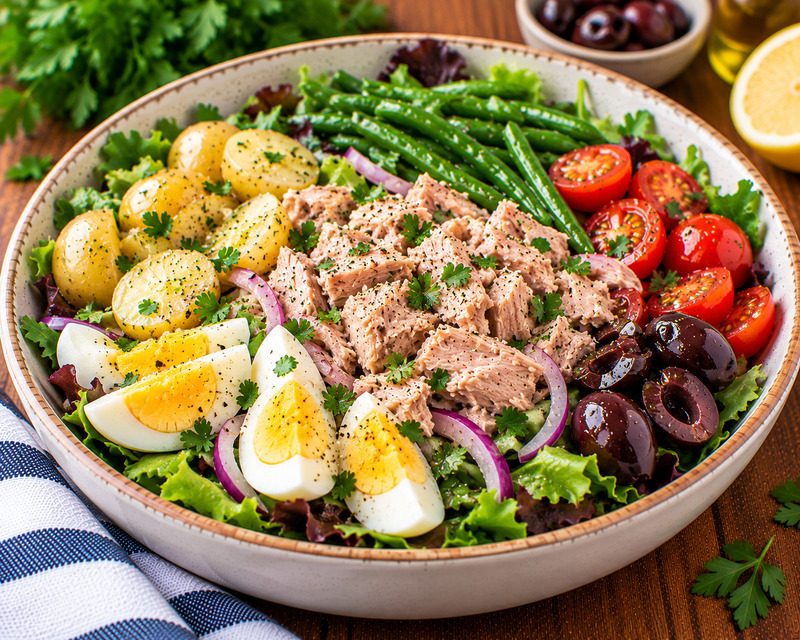 tuna nicoise salad with eggs green beans and olives