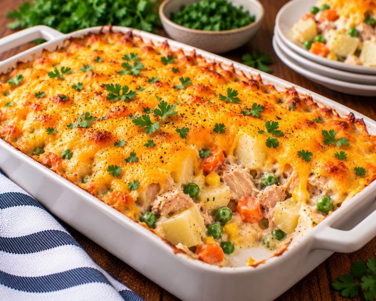 tuna and vegetable casserole with golden cheddar in a baking dish