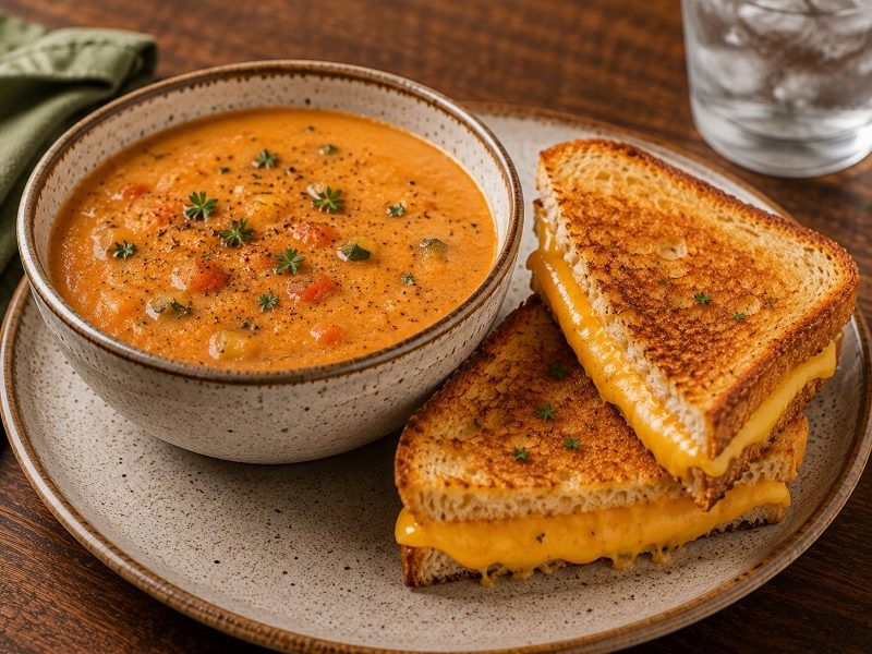 vegetable soup with gluten free grilled cheese sandwich
